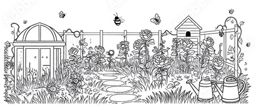 Garden Scene with Greenhouse Line Art