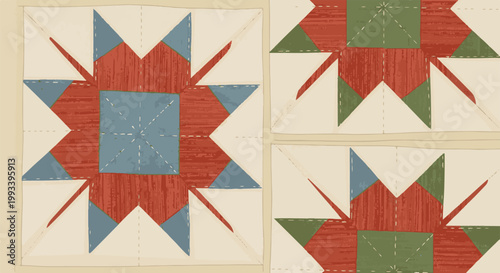 Patchwork quilt design with geometric star and diamond patterns in red, blue, and green