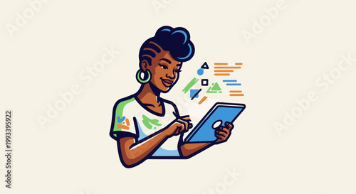 Person using tablet with data visualization elements