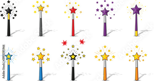 Magic Wand Vector Icon Set Featuring Colorful Fairy Staffs With Sparkling Gold Stars And Fantasy Enchantment Effects For Kids