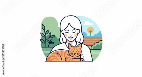 Peaceful moment of a person holding a contented cat in a park setting
