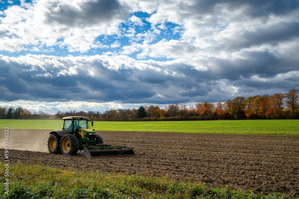 Fototapeta premium Tractor plowing field under cloudy sky on autumn day in rural area