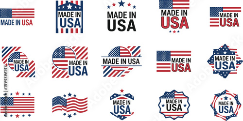 Made In USA Label Vector Set Featuring American Flag Designs And Patriotic Badges For Product Packaging And Manufacturing Quality
