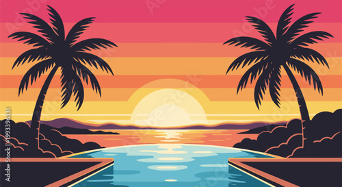 Pixelated tropical sunset with palm trees framing a tranquil pool and ocean view
