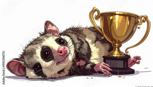 Tired Opossum Champion Resting with Golden Trophy Illustration.