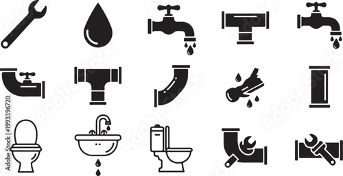Plumbing tools and icons in black and white