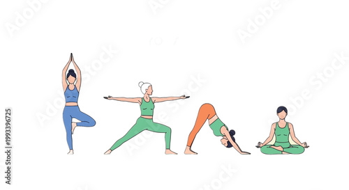 Yoga, women in various poses, fitness illustrations, workout, exercise, healthy lifestyle