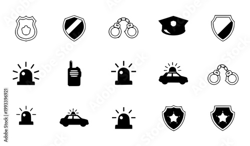 Police and law enforcement icons collection: badges handcuffs cap car radio siren with walkie talkie