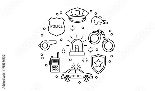 Police and law enforcement icons arranged in a circle: badge cap handcuffs car siren with handcuffs