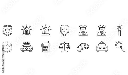 Police equipment and symbols icon set: badges patrol car handcuffs siren officer radio with line art