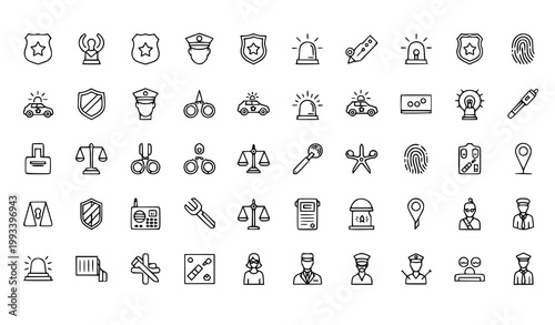 Extensive collection of police and justice icons: badges scales handcuffs cars fingerprints officers