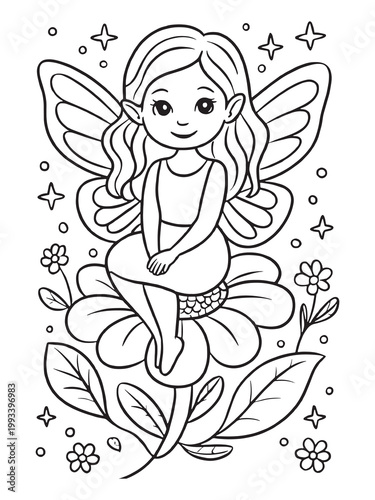 Cute Fairy Coloring Page for Kids Flower Cartoon Outline Vector Art