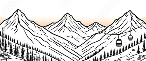 Mountain Ski Resort Line Art