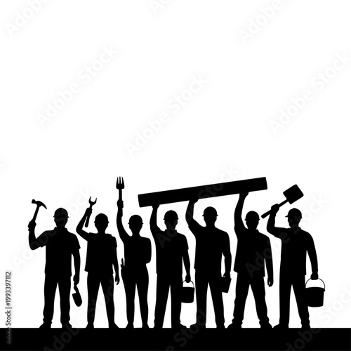 Group of diverse construction workers silhouette for labor day, Manual laborers holding tools and building materials silhouette, Team of industrial workers and builders standing together, Silhouette o