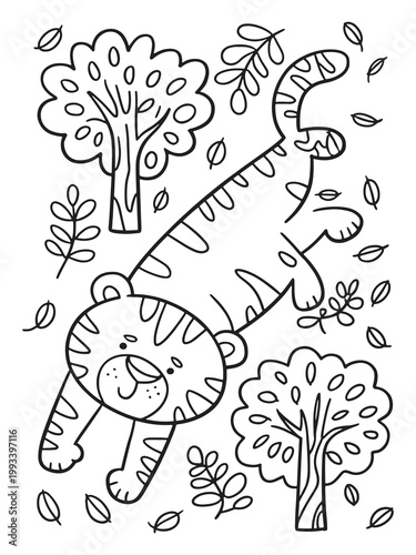 Playful Tiger Coloring Page with Trees and Leaves for Kids Educational Art Activities