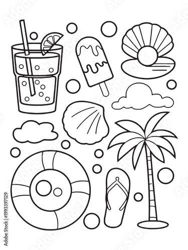 Summer Beach Vacation Elements Set, Kids Coloring Page Vector Illustration