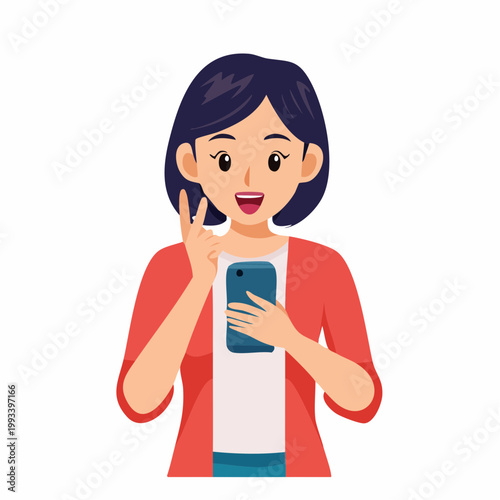 Woman holding a smartphone and making a peace sign