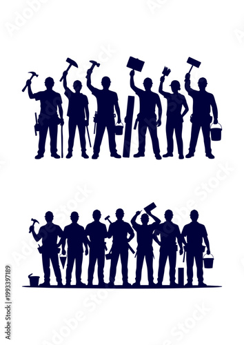 Construction worker silhouettes for Labor Day, Diverse team of industrial builders with tools, Professional contractor and handyman silhouette set, Labor Day celebration group of skilled workers