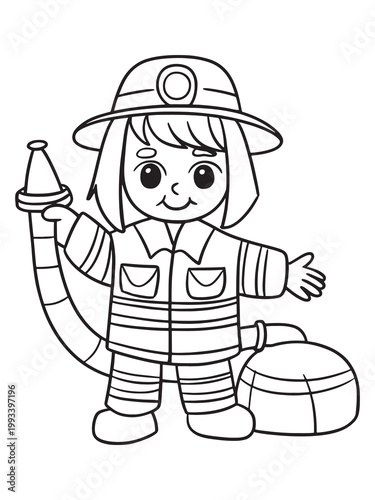Cute Firefighter Girl Cartoon Outline, Kids Coloring Book Character