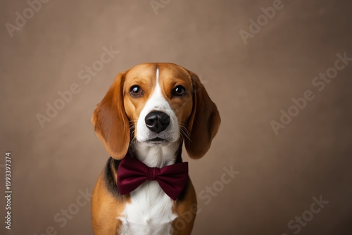 Beagle Dog in Bow Tie Posing for a Studio Portrait Against a Brown Backdrop