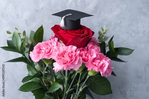 Graduation Bouquet With Red Roses and Pink Carnations on a Gray Background