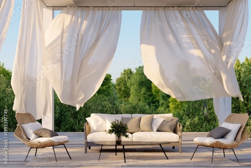 Bright Outdoor Seating Area With View of Green Landscape and Trees on a Sunny...