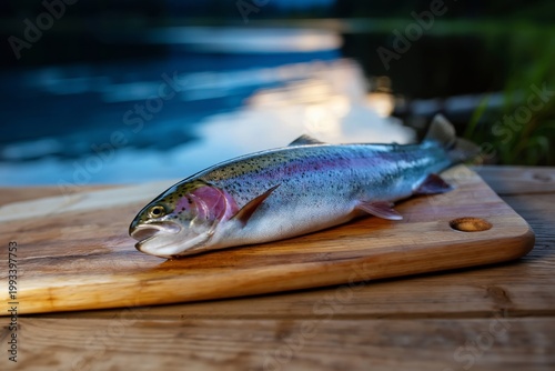Rainbow Trout on a Wooden Board Near a Lake During Sunset in a Natural Setting