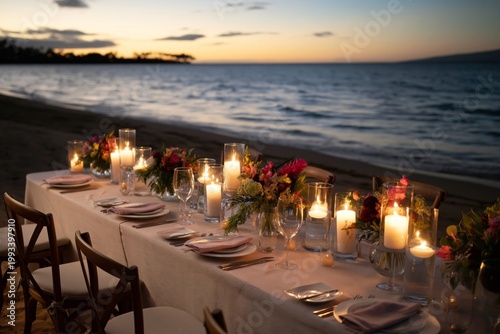 Sunset Dinner Setup on the Beach With Candles and Flowers in the Evening Sky