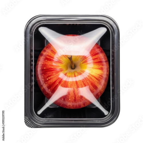 Fresh Red Apple Packed Individually in a Black Plastic Container and Wrapped in Stretch Film, Top View Isolated on White
