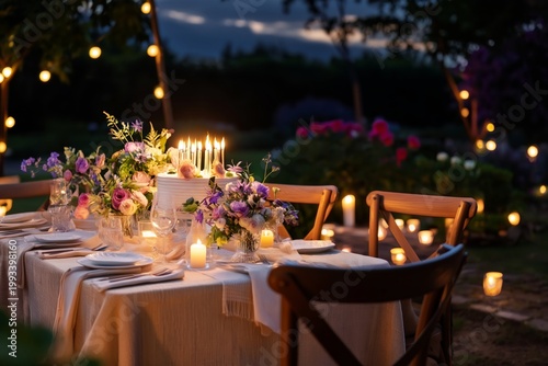 Celebration With Cake and Flowers at Night in a Garden Setting With Lights