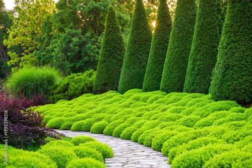 Pathway Through Green Bushes and Trees in a Garden at Midday