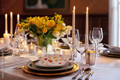 Elegant Dinner Setup With Flowers and Candles in a Warm Dining Space for Spec...