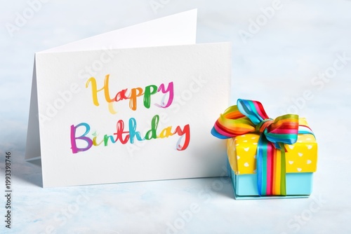 Colorful Birthday Gift With Bright Wrapping and Card on Table During Birthday...