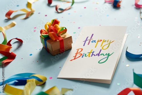 Colorful Birthday Gift With Bright Wrapping and Card on Table During Birthday...