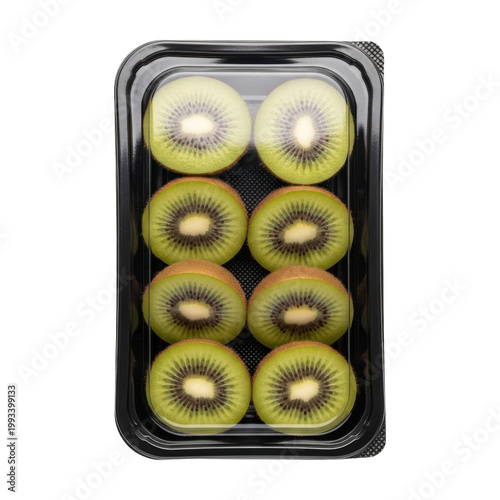 Fresh Sliced Kiwi Fruit in a Black Plastic Takeaway Container Isolated on White Background
