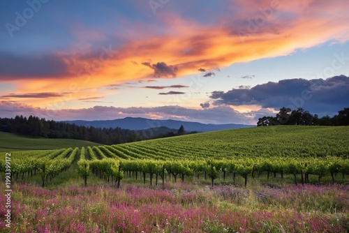 Sunset Over Vineyards and Wildflowers in a Valley Landscape in Spring