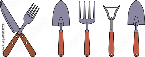 Garden Hand Tools Set with Trowel, Fork, Cultivator, and Weeder in Simple Illustration Style