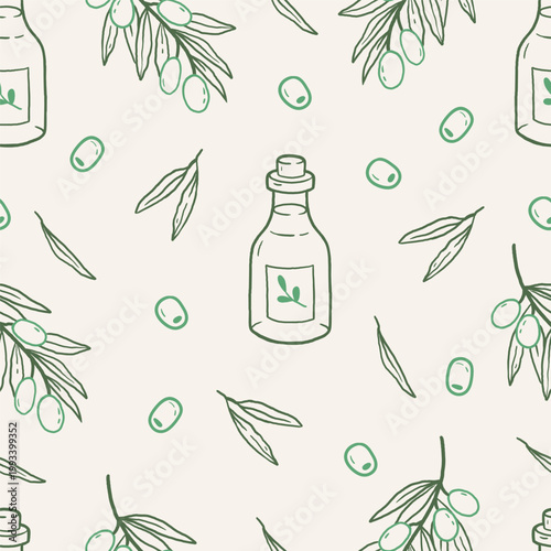 Seamless pattern with olives, olive branches and olive oil bottle in line style. Hand drawn vector illustration for food packaging, kitchen decor, branding and textile design.