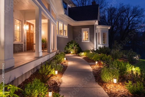 Evening Lighting Along a Garden Pathway by a House in a Suburban Area