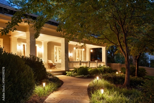 Evening Lighting Along a Garden Pathway by a House in a Suburban Area