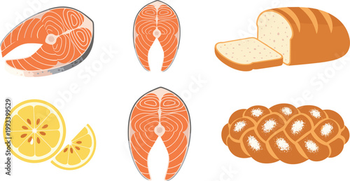 Food set with salmon fish slices bread lemon and pastry bakery collection vector illustration isolated on light background