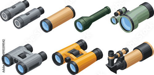 Binoculars and flashlights set optical observation and lighting devices outdoor equipment collection vector illustration isolated on light background