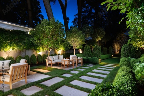 Cozy Outdoor Seating Area With Lights in a Garden During Evening