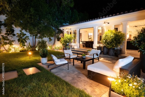 Cozy Outdoor Seating in a Backyard at Night With Lights and Plants
