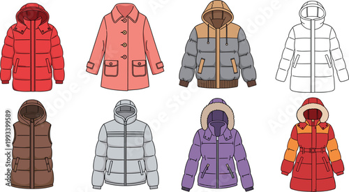 Winter jackets and coats set with hooded padded and sleeveless styles colorful outerwear collection vector illustration isolated on light background