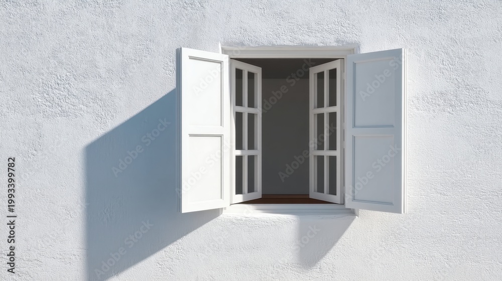 Fototapeta premium Bright and Inviting Open Window with White Shutters Set Against Textured Wall in Outdoor Atmosphere for Architectural and Design Projects