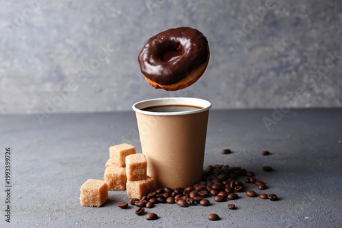 Donut Floats Above a Coffee Cup With Sugar and Coffee Beans Scattered