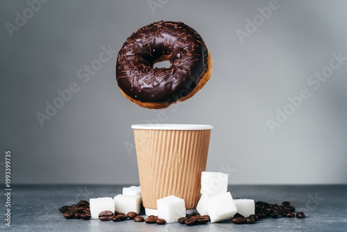 Coffee Cup Sits on a Surface Surrounded by Sugar and Coffee Beans With a Donu...
