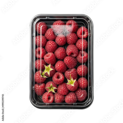 Top Down View of Fresh Red Raspberries in a Clear Plastic Container Isolated on White