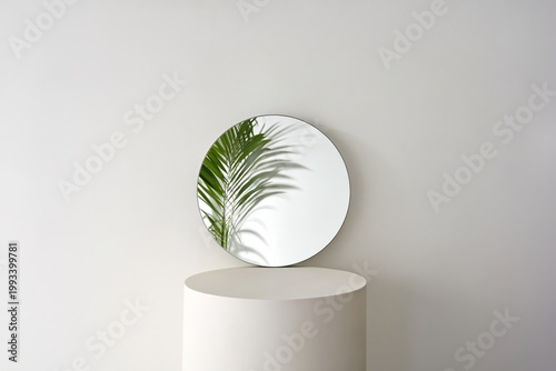 Reflection of a Round Mirror With a Palm Leaf Shadow on a Light Wall